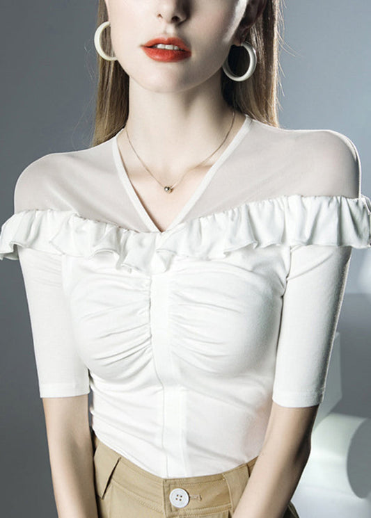 Italian White V Neck Ruffled Patchwork Tulle Top Summer