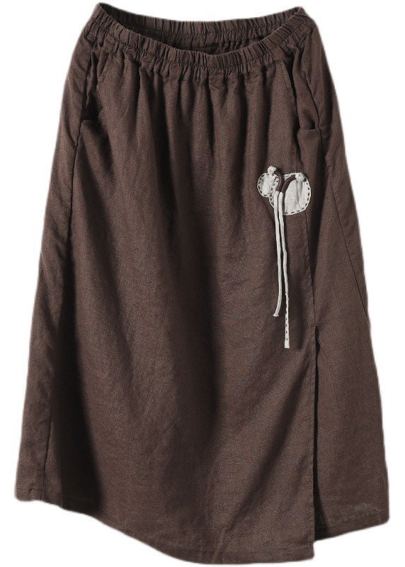 Chocolate Elastic Waist Side Open Linen a Line Skirts Summer