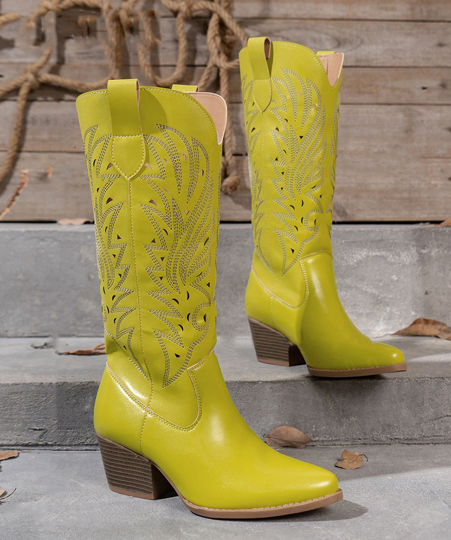 Stylish Yellow Hollow Out Chunky Boots Faux Leather