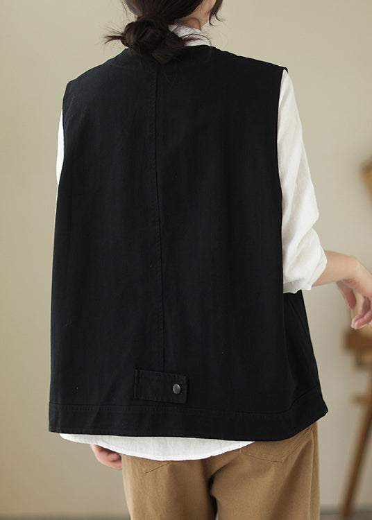 Black V Neck Pockets Patchwork Cotton Vest Spring