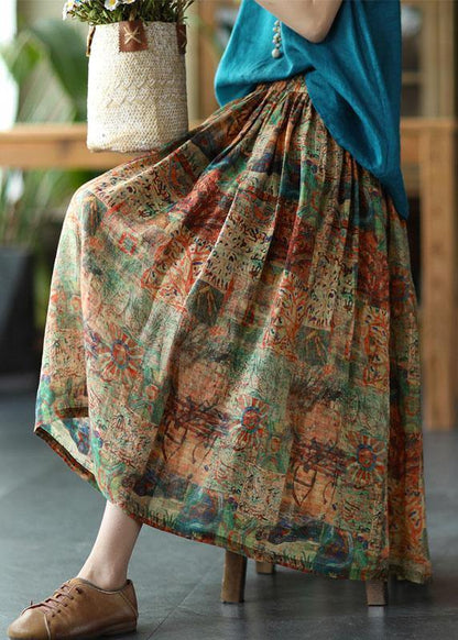 Green Print Ramie Elastic Waist Skirt