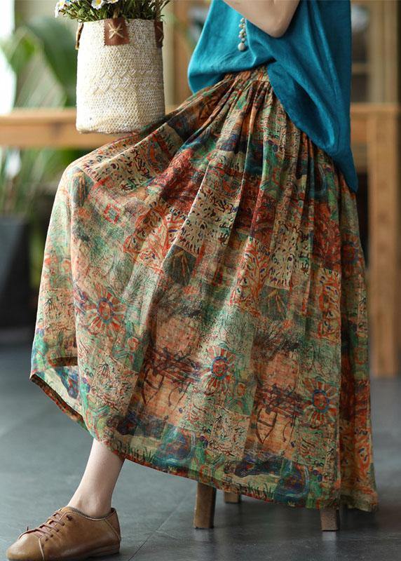 Green Texture Print Ramie Elastic Waist Skirt