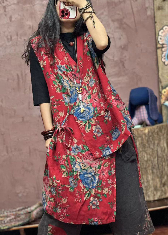 Red Asymmetrical Print Patchwork Cotton Waistcoat Sleeveless