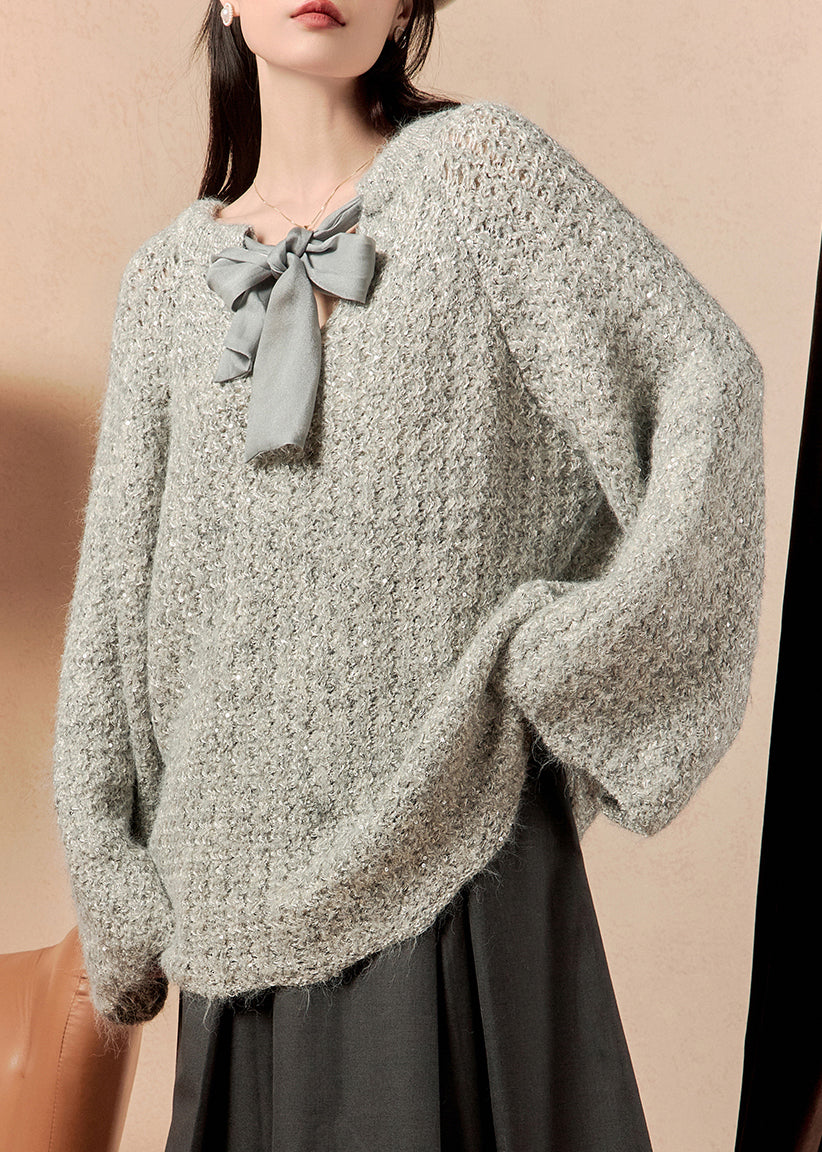 Loose Grey Lace Up Knit Sweaters Flare Sleeve