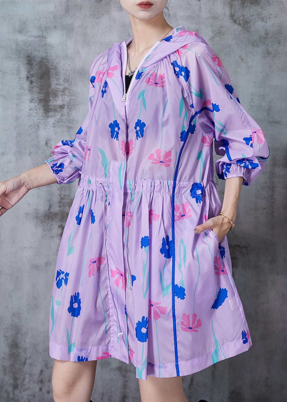 Purple Cinched Print Spandex Hoodie Trench Fall