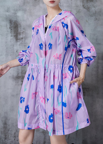 Purple Cinched Print Spandex Hoodie Trench Fall