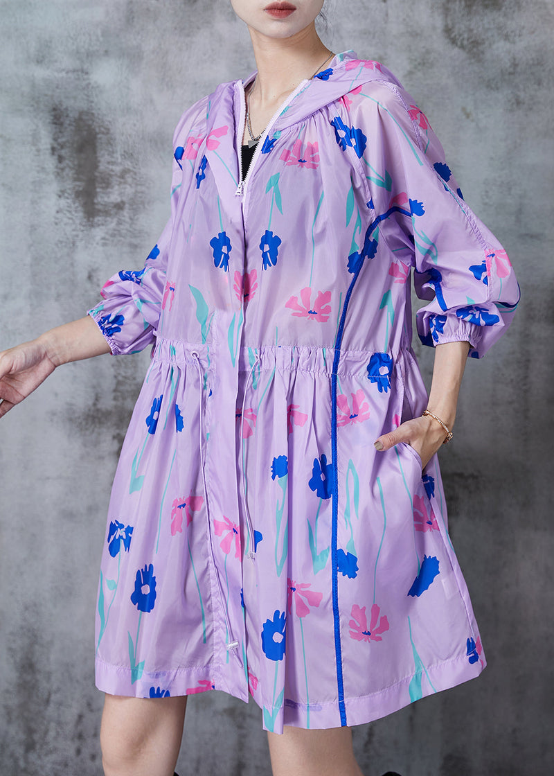 Purple Cinched Print Spandex Hoodie Trench Fall