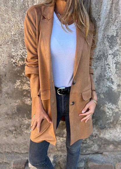 Stylish Brown Peter Pan Collar Button Patchwork Faux Suede Coat Fall