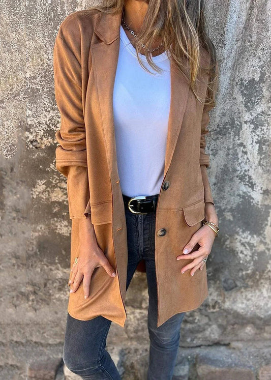 Stylish Brown Peter Pan Collar Button Patchwork Faux Suede Coat Fall