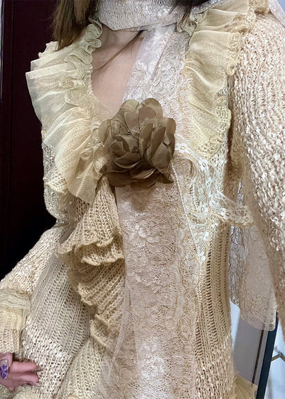 Diy Beige Asymmetrical Patchwork Flower Decorated Knit Jackets Fall
