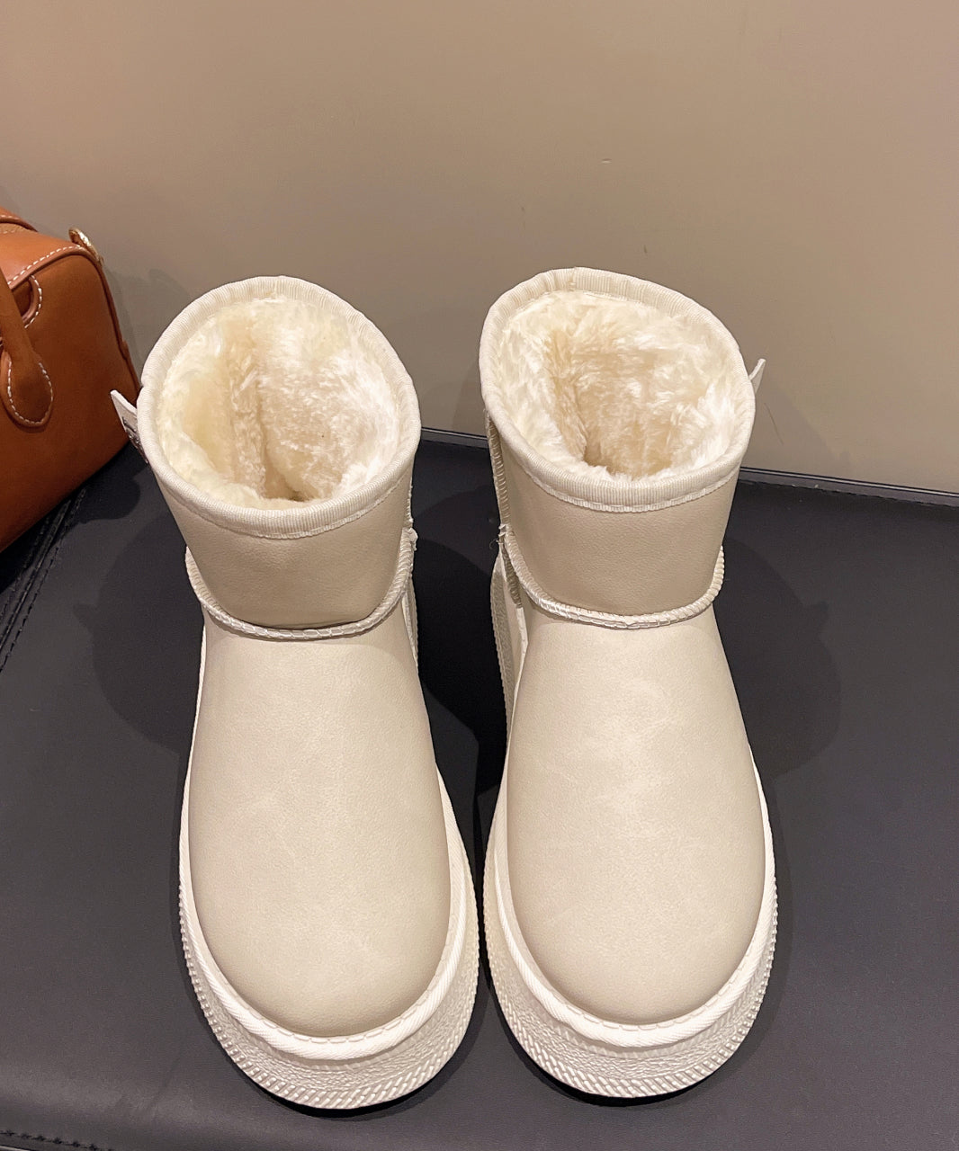 Camel Boots Platform Faux Leather Fuzzy Wool Lined