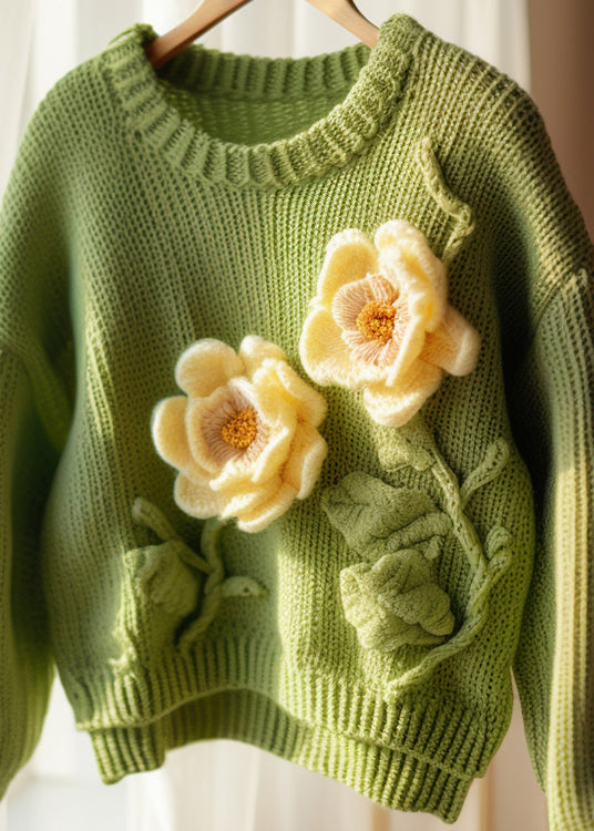 Green O Neck Hollow Out Knit Sweater Fall