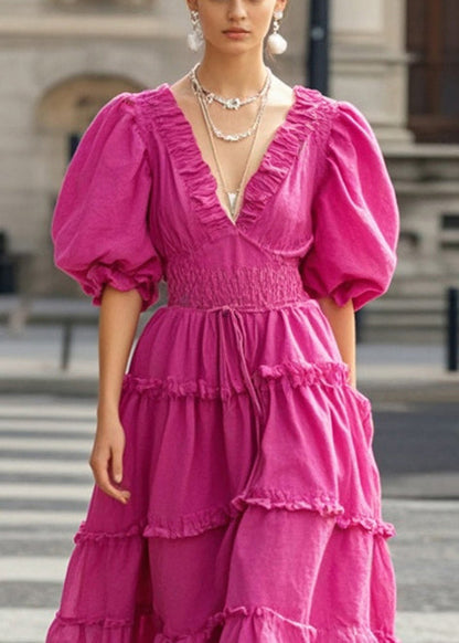 Fitted Rose Puff Sleeve Cinched Cotton Holiday Dress