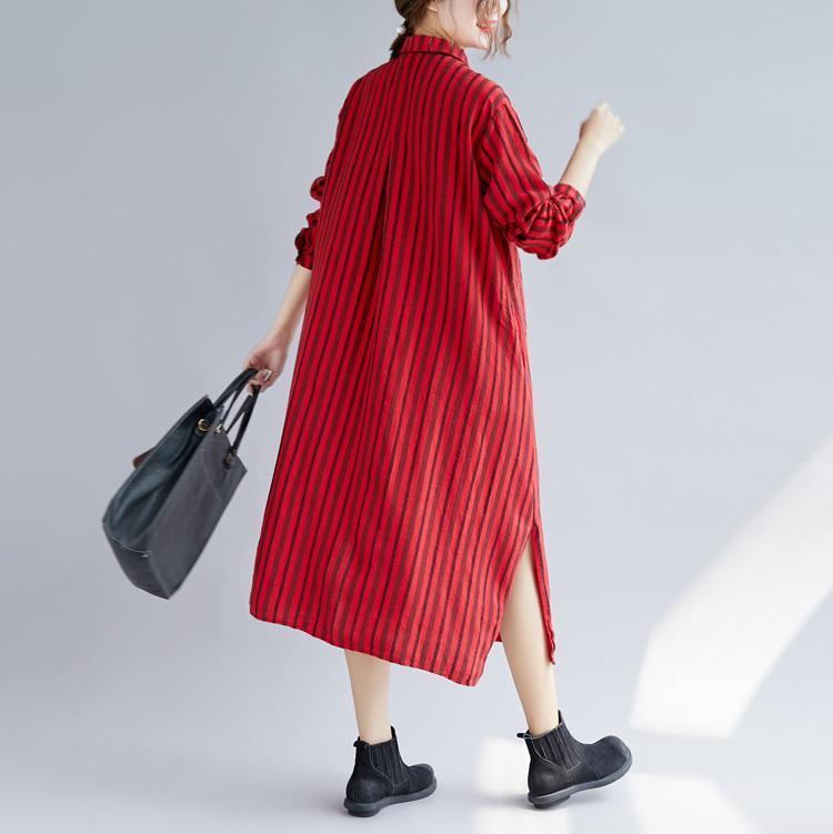 Fine Red Long Cotton Linen Shirt Dress Turn-down Collar Side Open Fine Long Sleeve Pockets Cotton Linen Shirt Caftans