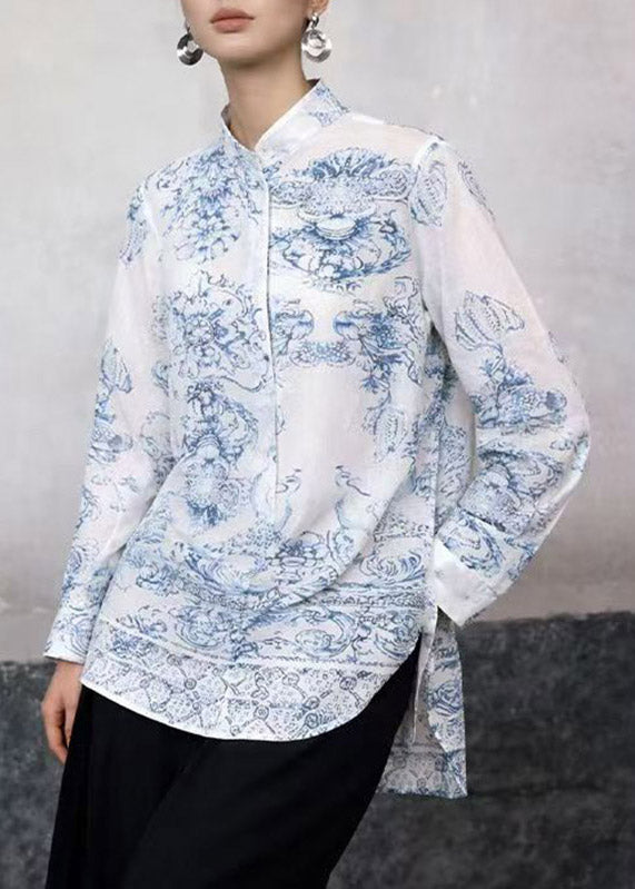Chinese Style White Stand Collar Print Shirt Spring