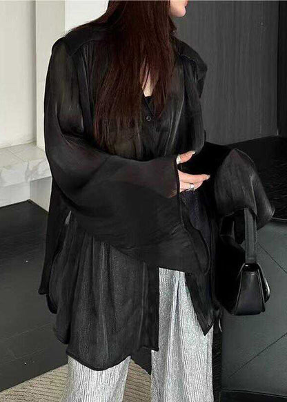Natural Black V Neck Tie Waist Shirts Long Sleeve