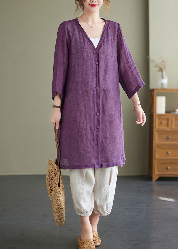 Purple V Neck Oversized Linen Long Cardigan Bracelet Sleeve