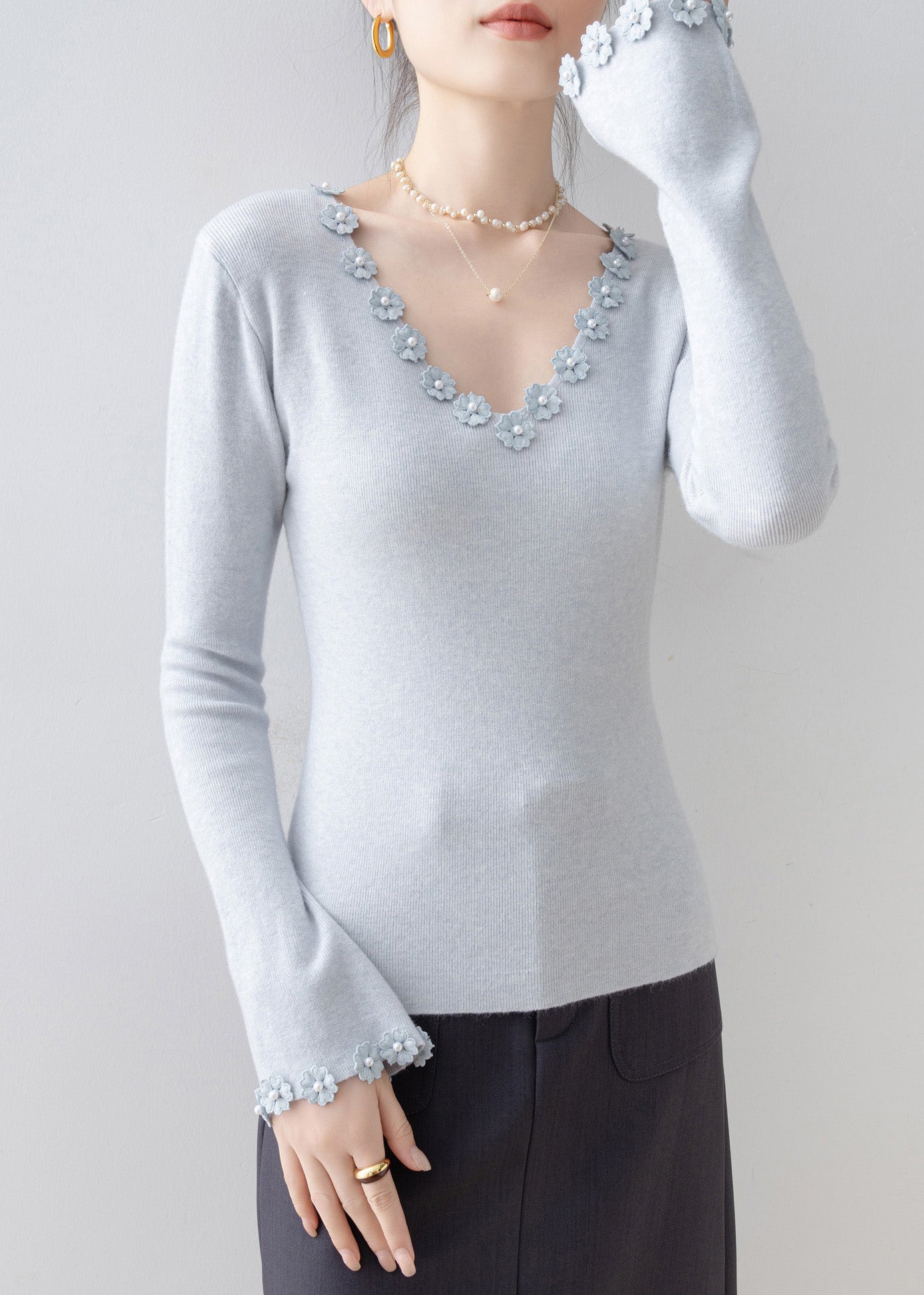 Italian Light Blue V Neck Knit Sweater Flare Sleeve