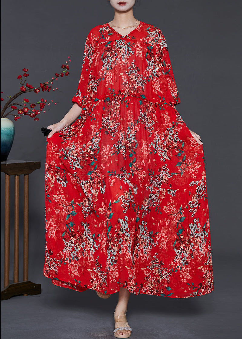 Red Cinched Print Chiffon Vacation Dresses Summer