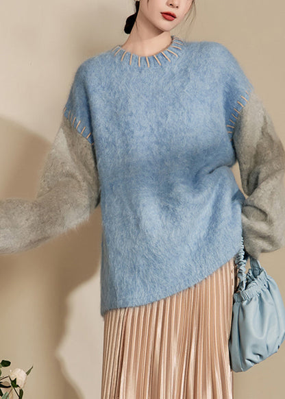 Loose Blue O-neck Patchwork Thick Cotton Knit Sweaters Winter
