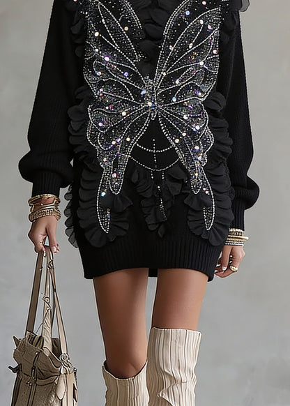 Black O-neck Sequins Top Lantern Sleeve