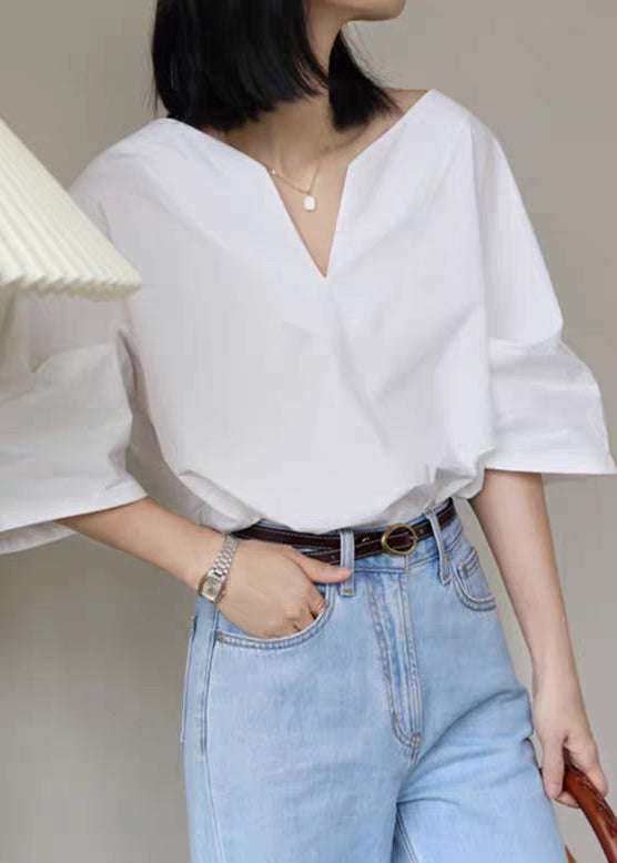 Simple White V Neck Cotton Shirt Half Sleeve