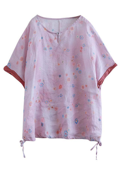 Pink Print Patchwork Summer Linen Shirt Half Sleeve