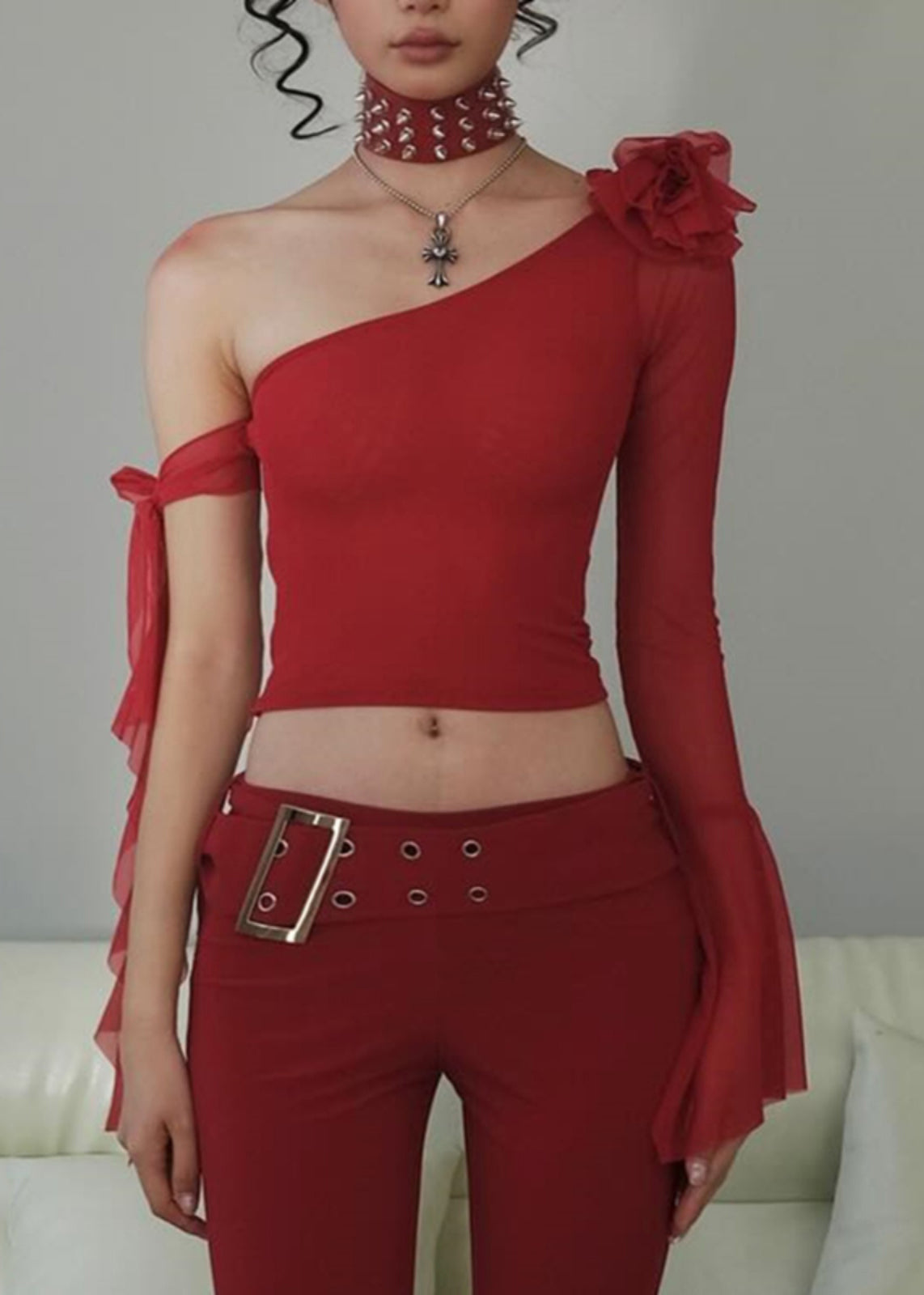 New Red Asymmetrical Cotton T Shirt Long Sleeve
