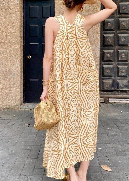 Yellow V Neck Print Cotton Vacation Dress Sleeveless