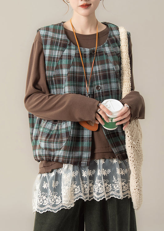 Green Plaid Cotton Vest Tops U Neck Spring