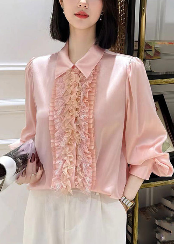 Pink Peter Pan Collar Silk Shirt Lantern Sleeve
