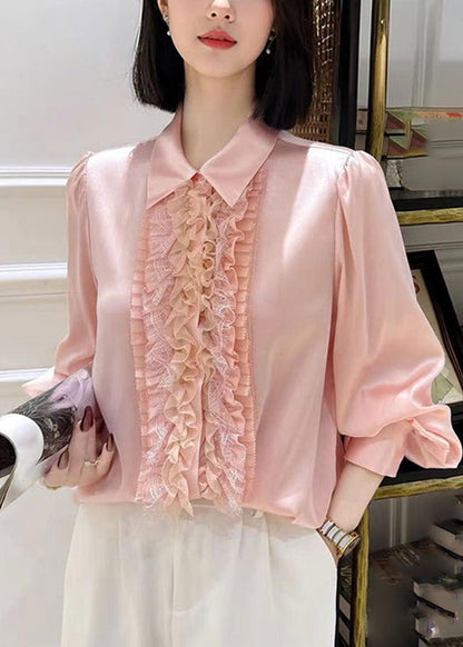 Pink Peter Pan Collar Silk Shirt Lantern Sleeve