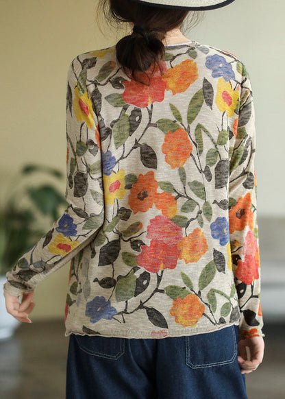 Beige O-neck Print Cotton Knitted Top Long Sleeve