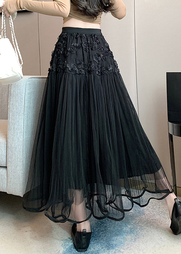 Black Elastic Waist Tulle Summer Skirts Wrinkled