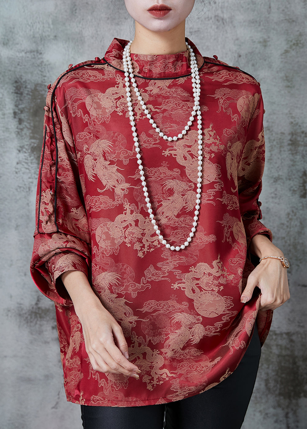 Red Print Chiffon Shirt Top Spring