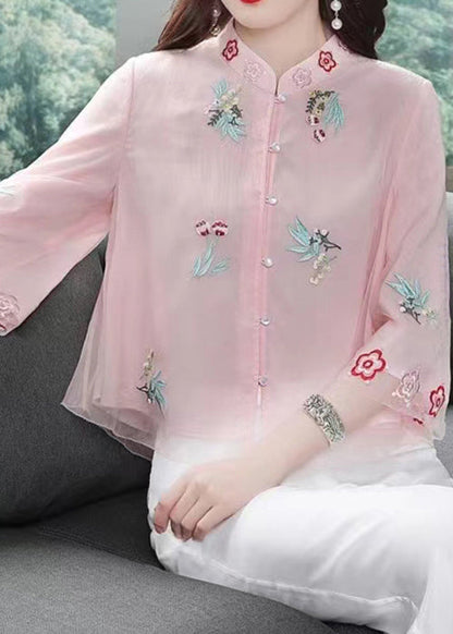 Pink Stand Collar Embroideried Patchwork Chiffon Tops Summer