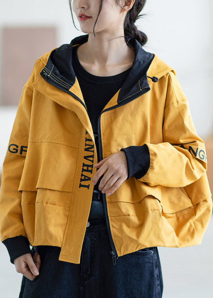 Loose Yellow Zippered Fall Hoodie Coat