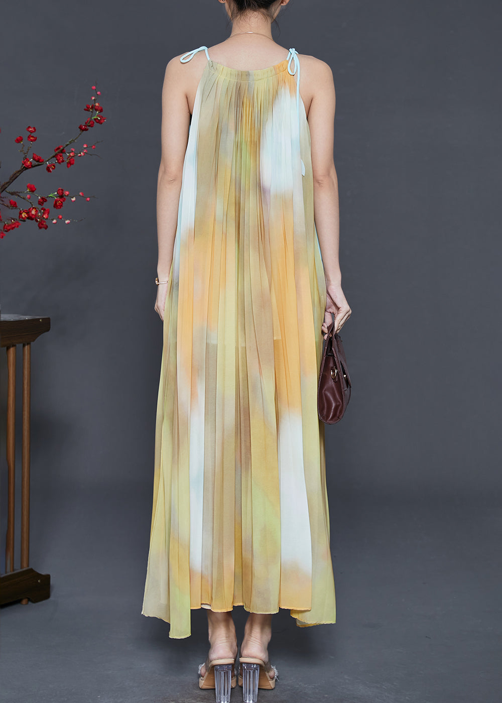 Yellow Cold Shoulder Tie Dye Chiffon Beach Dress Summer