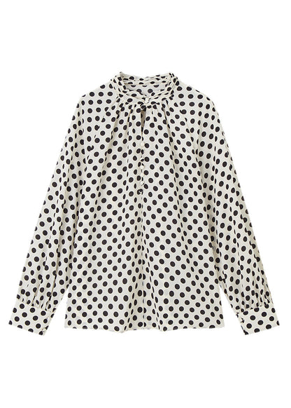 Beige Stand Collar Dot Print Chiffon Shirts Long Sleeve