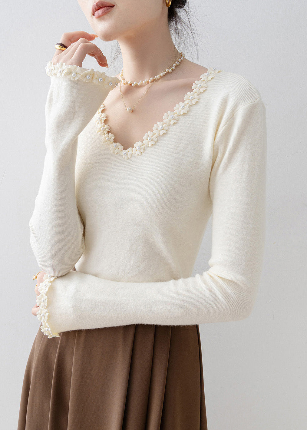 Apricot V Neck Patchwork Knit Sweaters Spring