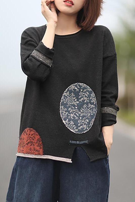 Lotstrends Retro Pattern Printed Loose Knitted Sweater