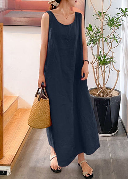 Modern Yellow O-neck Slim Fit Cotton Long Dresses Sleeveless
