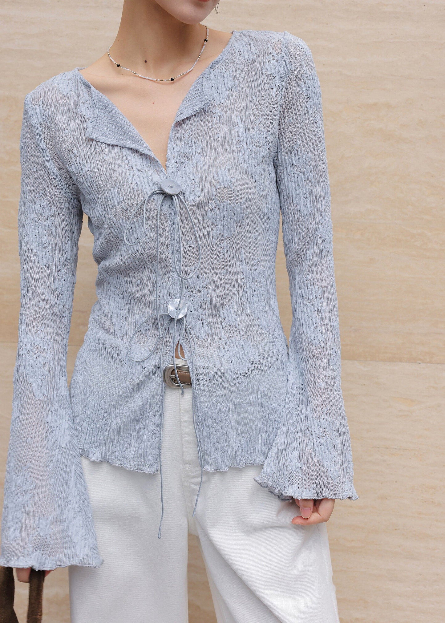 French White V Neck Embroidered Spandex Top Spring