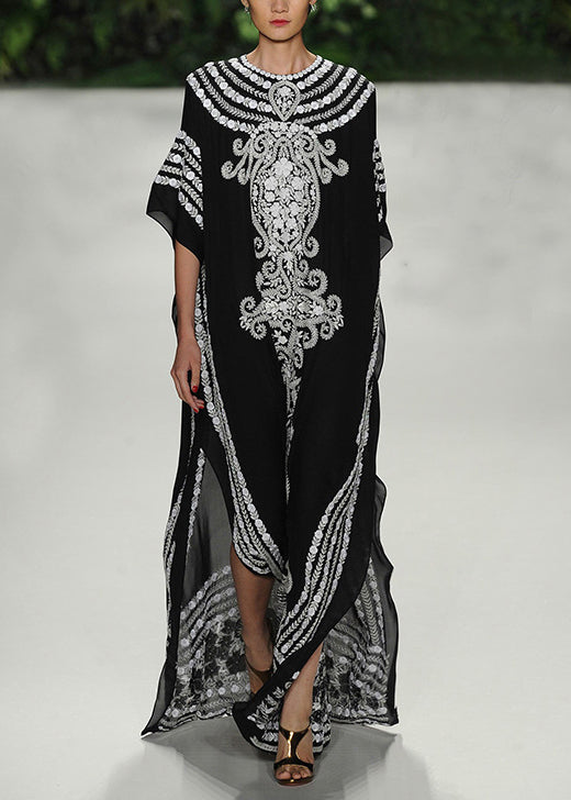 Black O Neck Print Chiffon Robe Dress Summer