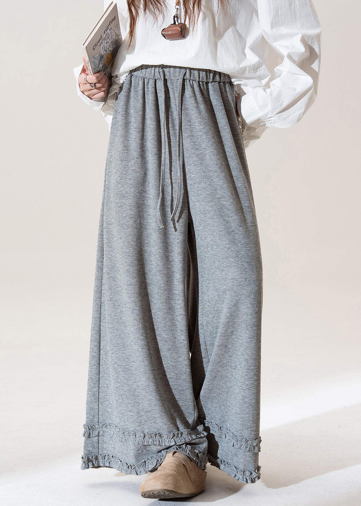 Grey Ruffled Elastic Waist Patchwork Cotton Wide Leg Pants Fall