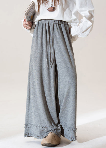 Grey Ruffled Elastic Waist Patchwork Cotton Wide Leg Pants Fall