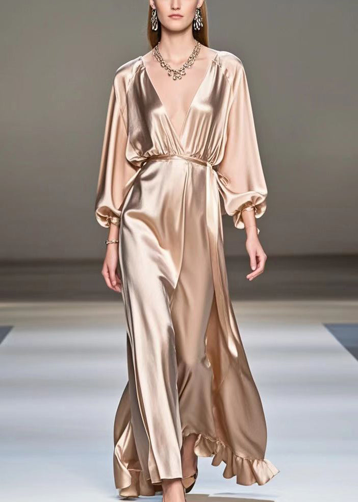 Champagne V Neck Ruffles Silk Long Dresses Fall