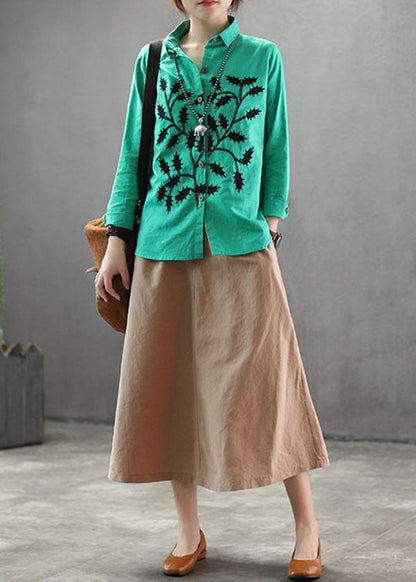 Green Cotton Blouses Turn-down Collar Branch Embroidered Long Sleeve