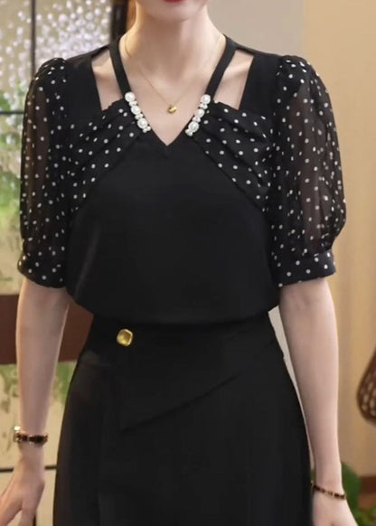 Black Patchwork Dot Print Hollow Out Chiffon Shirt Short Sleeve