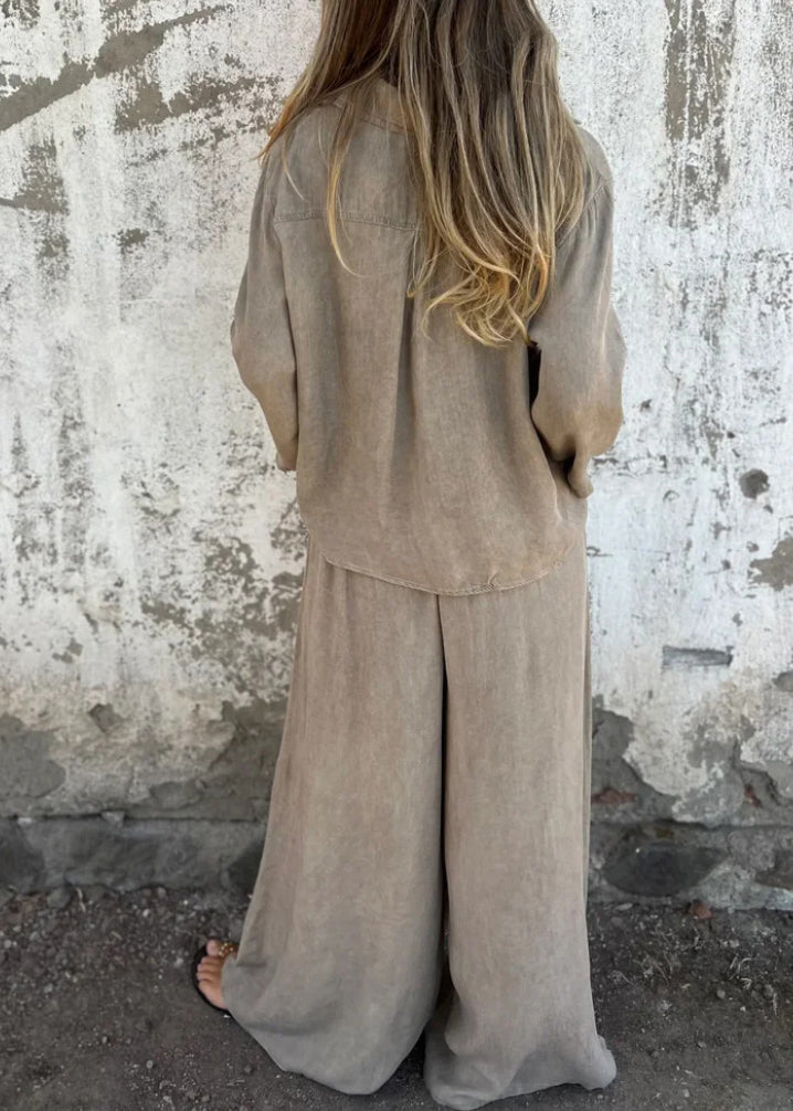 Loose Khaki Tops and Pants Cotton 2 Piece Outfit Fall